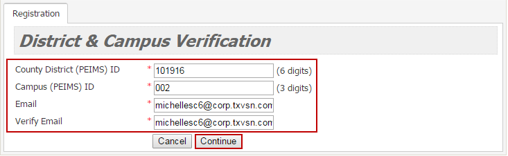Screenshot of District and Campus Verification