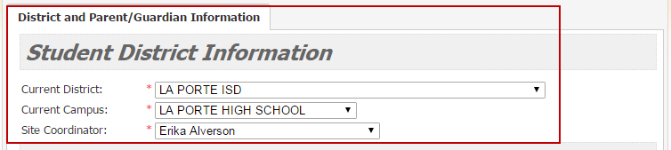 Screenshot of Student District Information