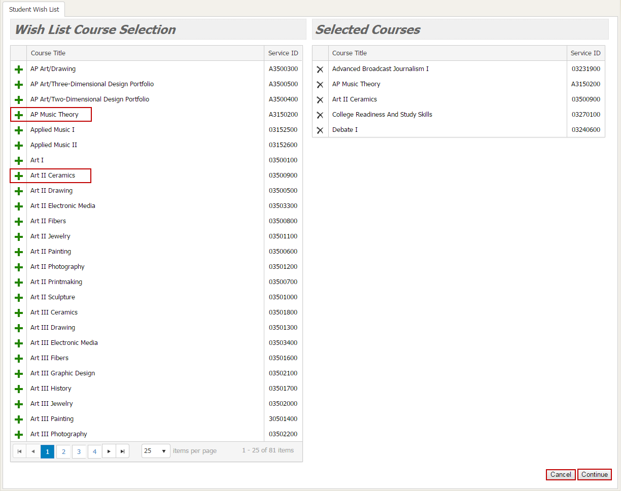 Screenshot of Selecting Additional Courses