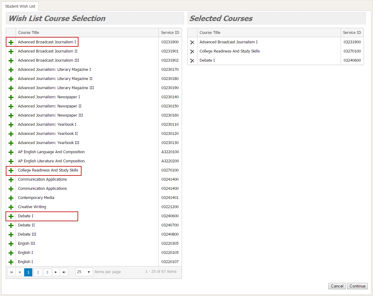 Screenshot of Selecting Courses
