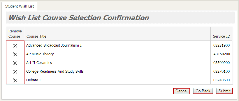 Screenshot of Wish List Course Selection Confirmation Page