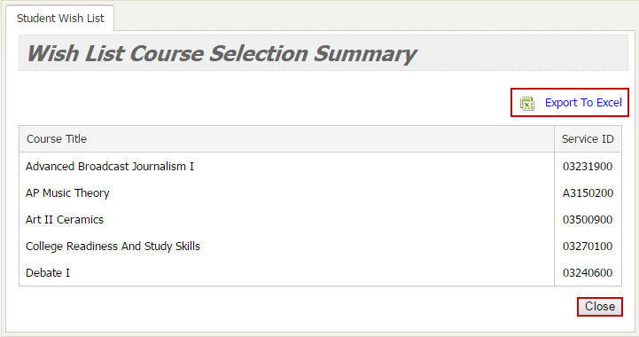 Screenshot of Wish List Course Selection Summary Page