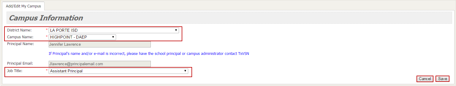 Screenshot of Entering Campus Information