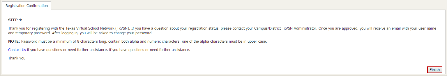 Screenshot of Registration Confirmation