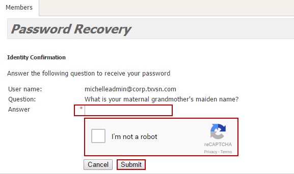 Screenshot of Security Question Panel