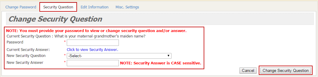 Screenshot of Security Question Tab