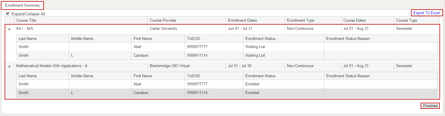 Screenshot of Enrollment Summary Page