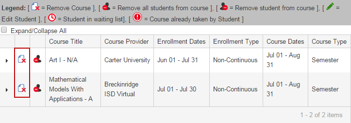 Screenshot of Remove Course Icon