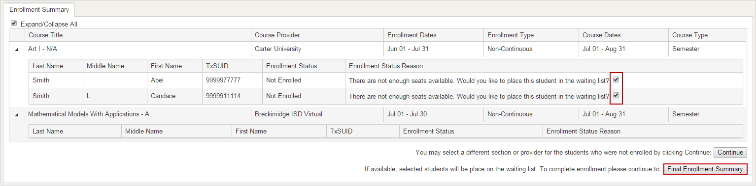 Screenshot of Enrollment Summary Grid