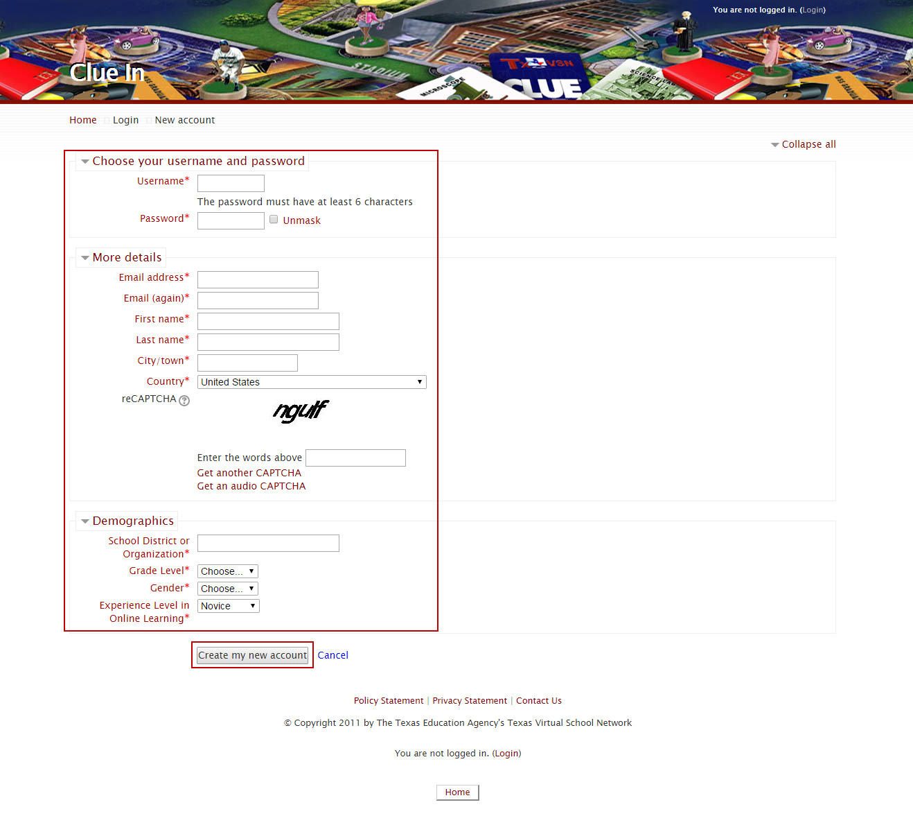 Screenshot of registration information page